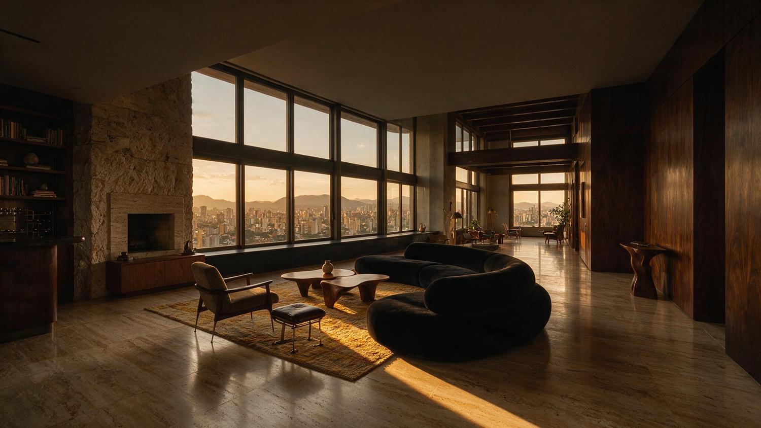 Sala de estar ampla de um apartamento de alto padrão ao fim da tarde