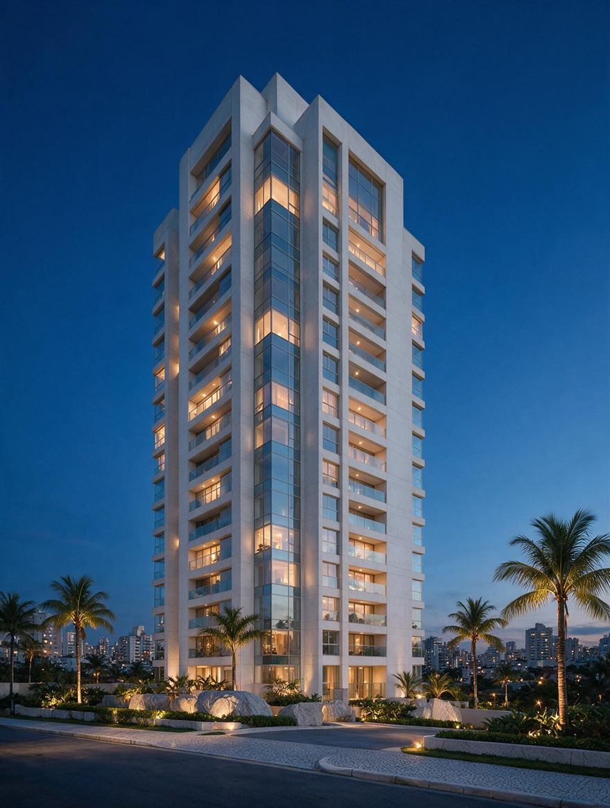 Edifício residencial de alto padrão iluminado ao anoitecer